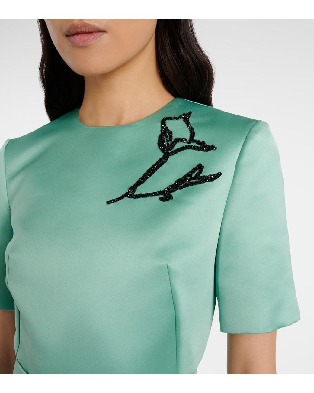 Erdem Green Floral Belted Duchesse Satin Midi Dress