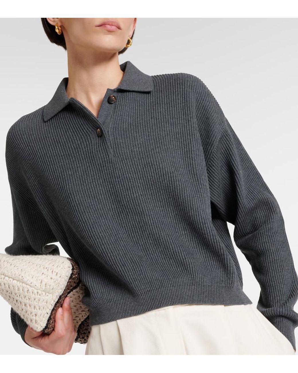 Brunello Cucinelli Gray Cotton Polo Sweater