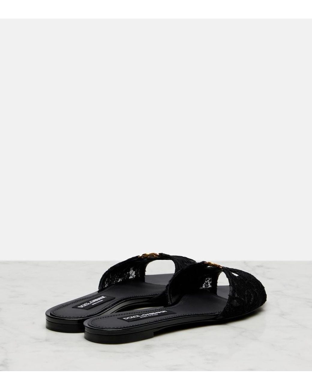 Dolce & Gabbana Black Dg Leather-Trimmed Lace Slides