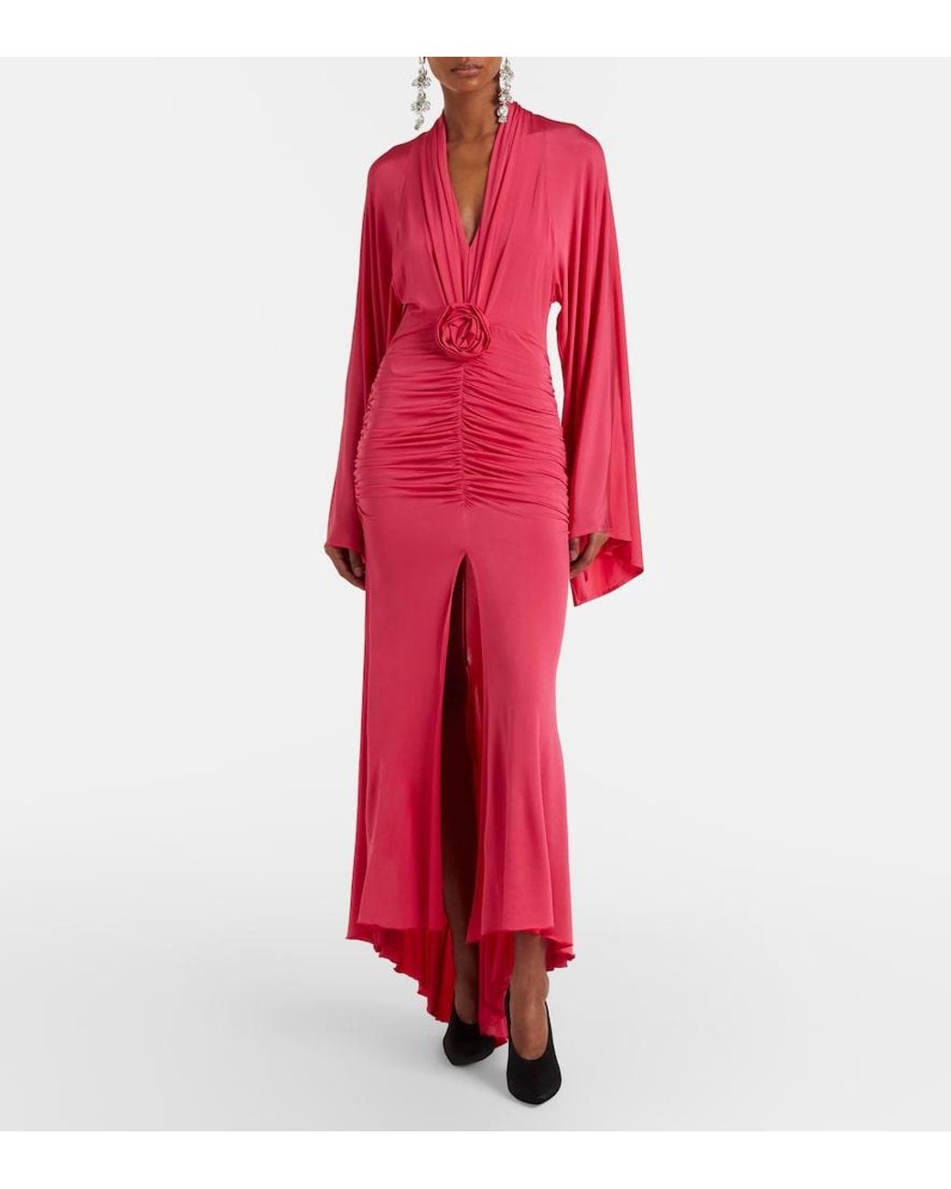 Blumarine Red Floral-Applique Ruched Gown