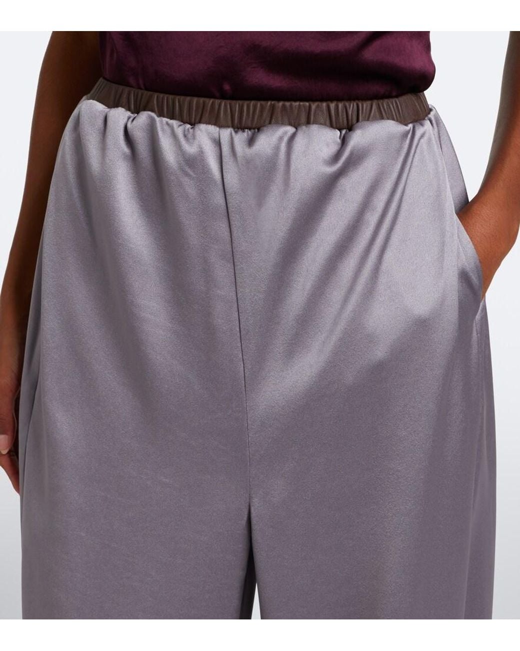 JACQUES WEI Purple Leather-Trimmed Satin Wide-Leg Pants