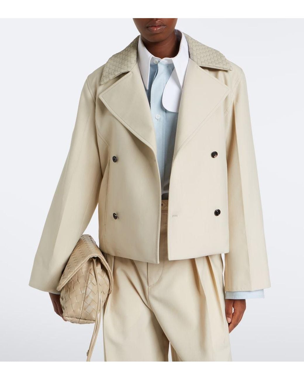 Bottega Veneta Natural Intrecciato Striped Wool And Cotton Peacoat