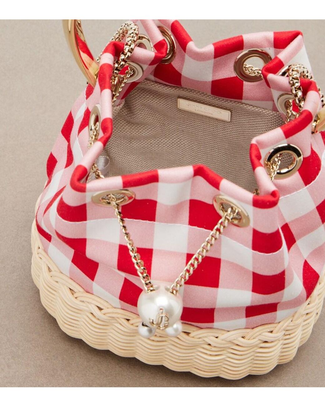 Jimmy Choo Red Bon Bon Gingham Canvas And Wicker Bucket Bag