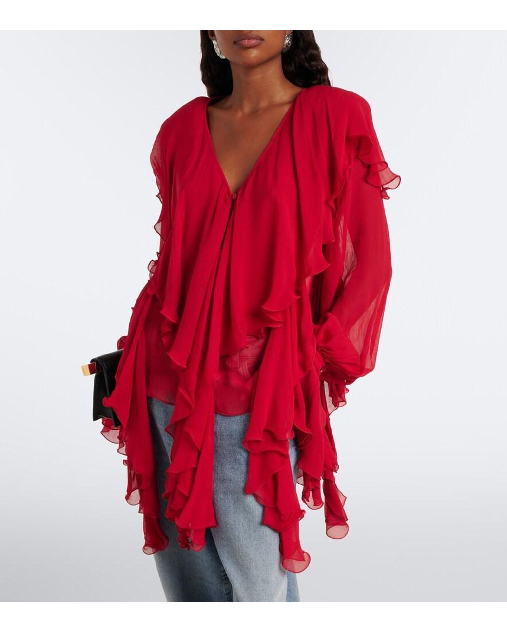Blumarine Red Ruffled Crepe Blouse