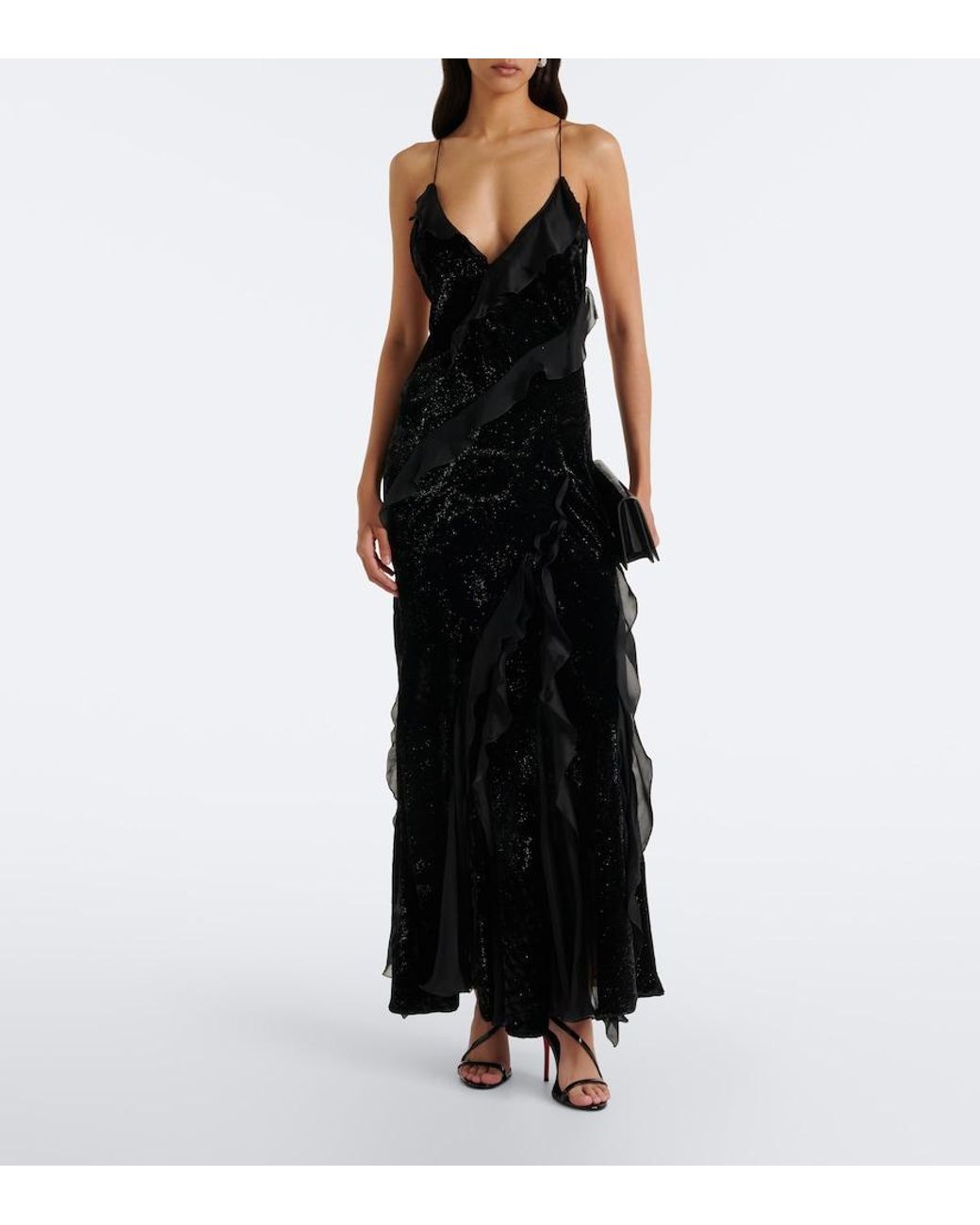 Roberto Cavalli Black Embellished Ruffled Velvet Gown