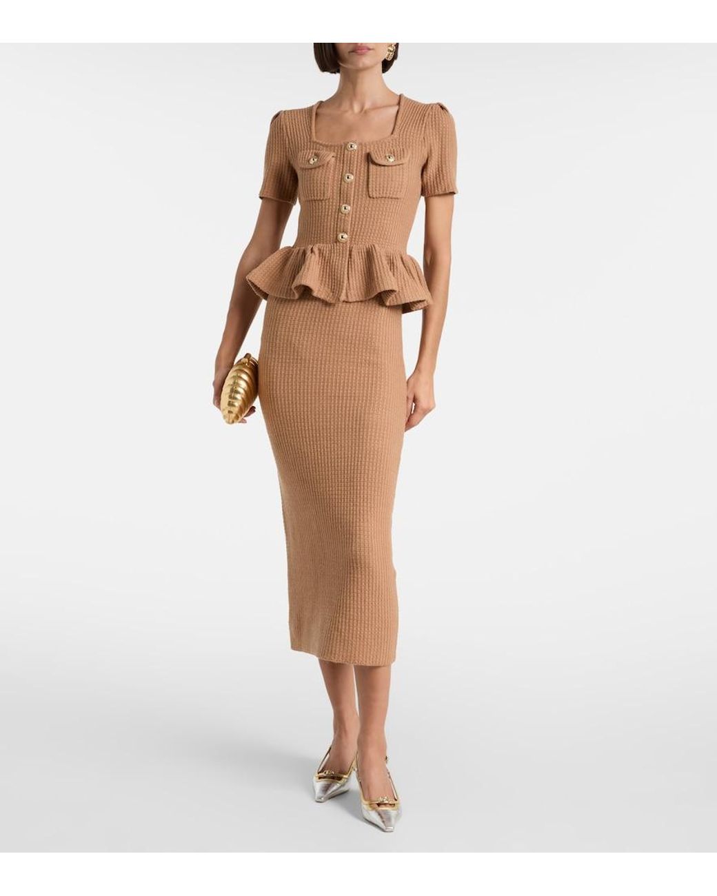 Self-Portrait Brown Peplum Waffle-Knit Midi Dress