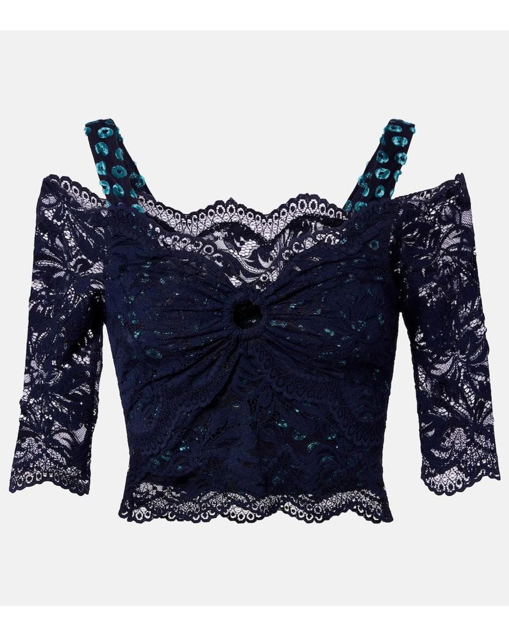 Rabanne Blue Trompe L'Oil Lace And Velvet Crop Top
