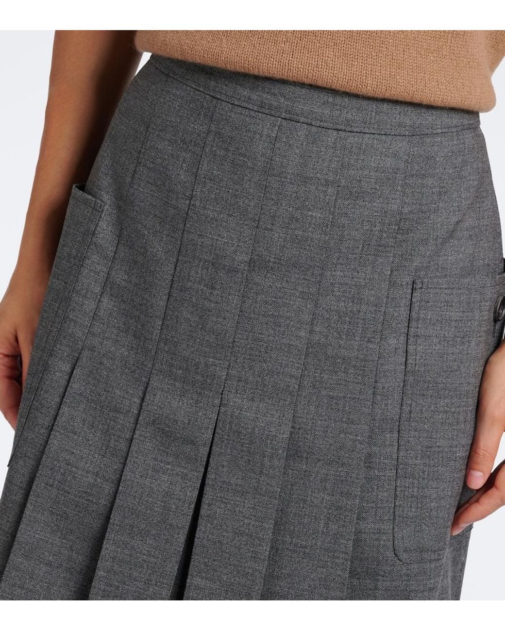 Prada Gray Pleated Virgin Wool Midi Skirt
