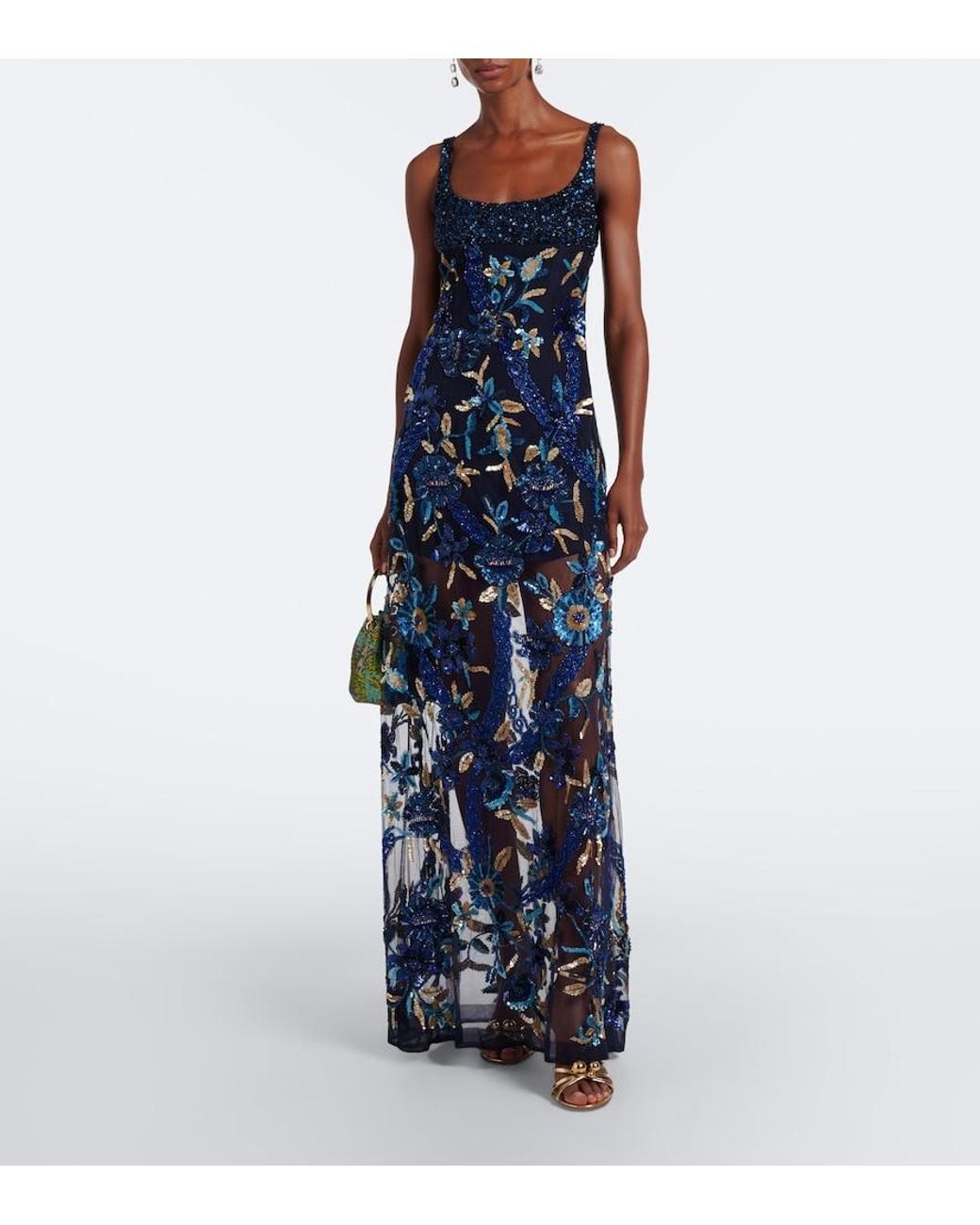 La Fuori Blue Embellished Floral Mesh Gown