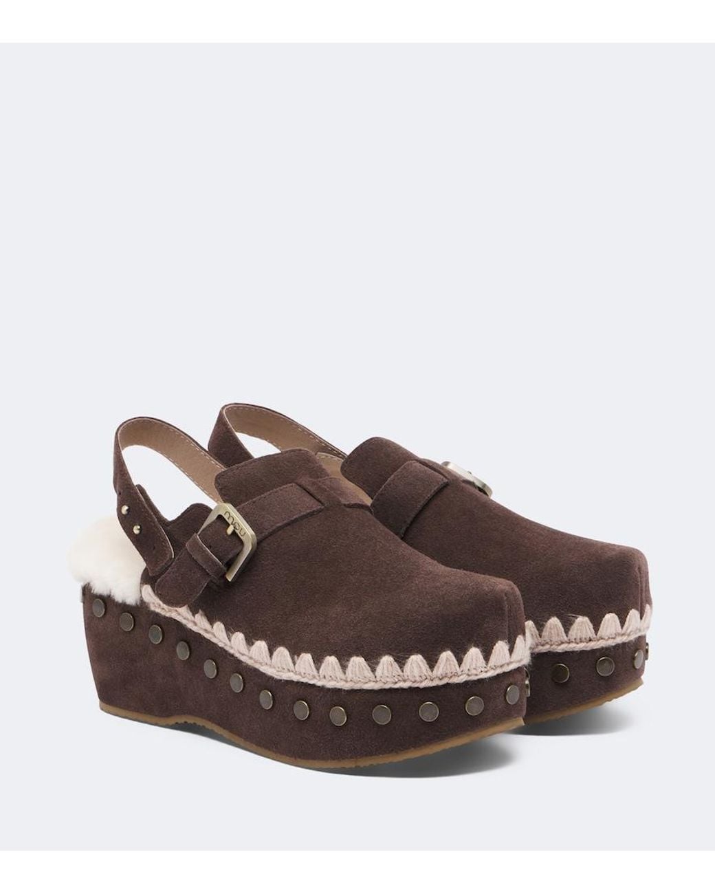 Mou Brown Shearling-Lined Suede Clogs