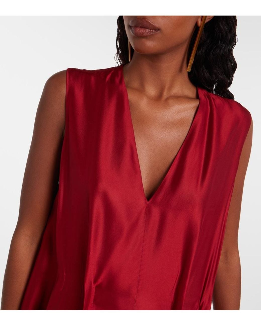 Khaite Red Syd Pleated Satin-Twill Midi Dress