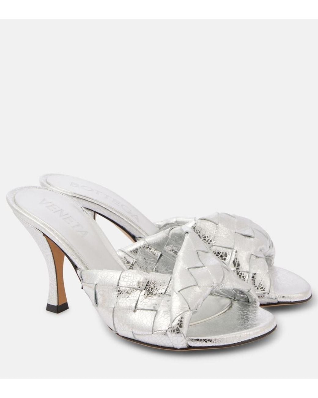 Bottega Veneta White Blink Intrecciato 80 Metallic Leather Mules