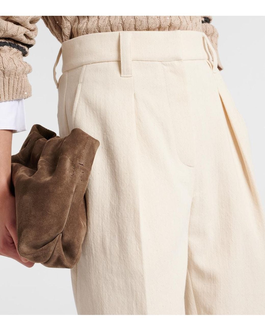 Brunello Cucinelli White Gabardine High-Rise Straight Pants