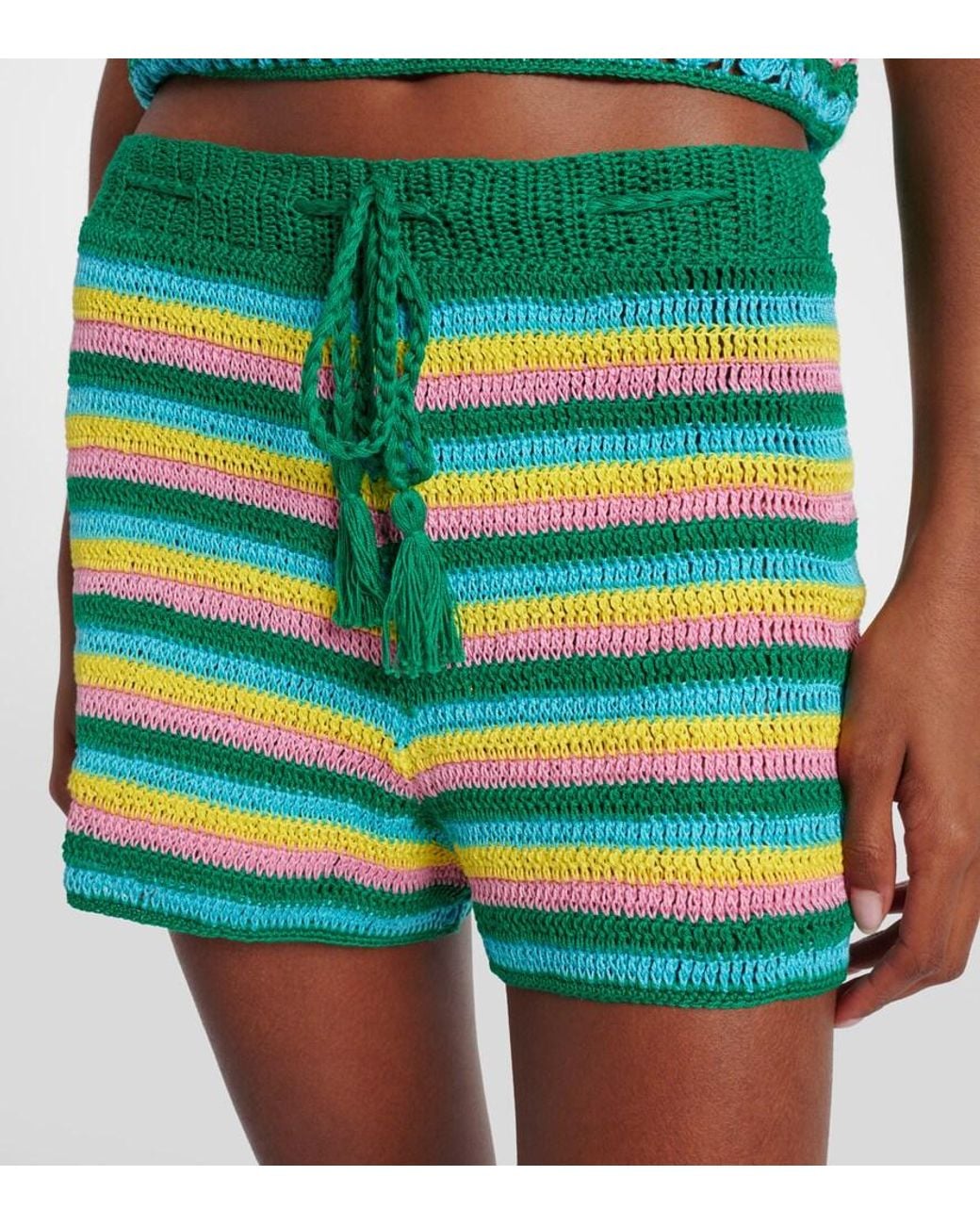 Anna Kosturova Green Striped Crochet Cotton Shorts