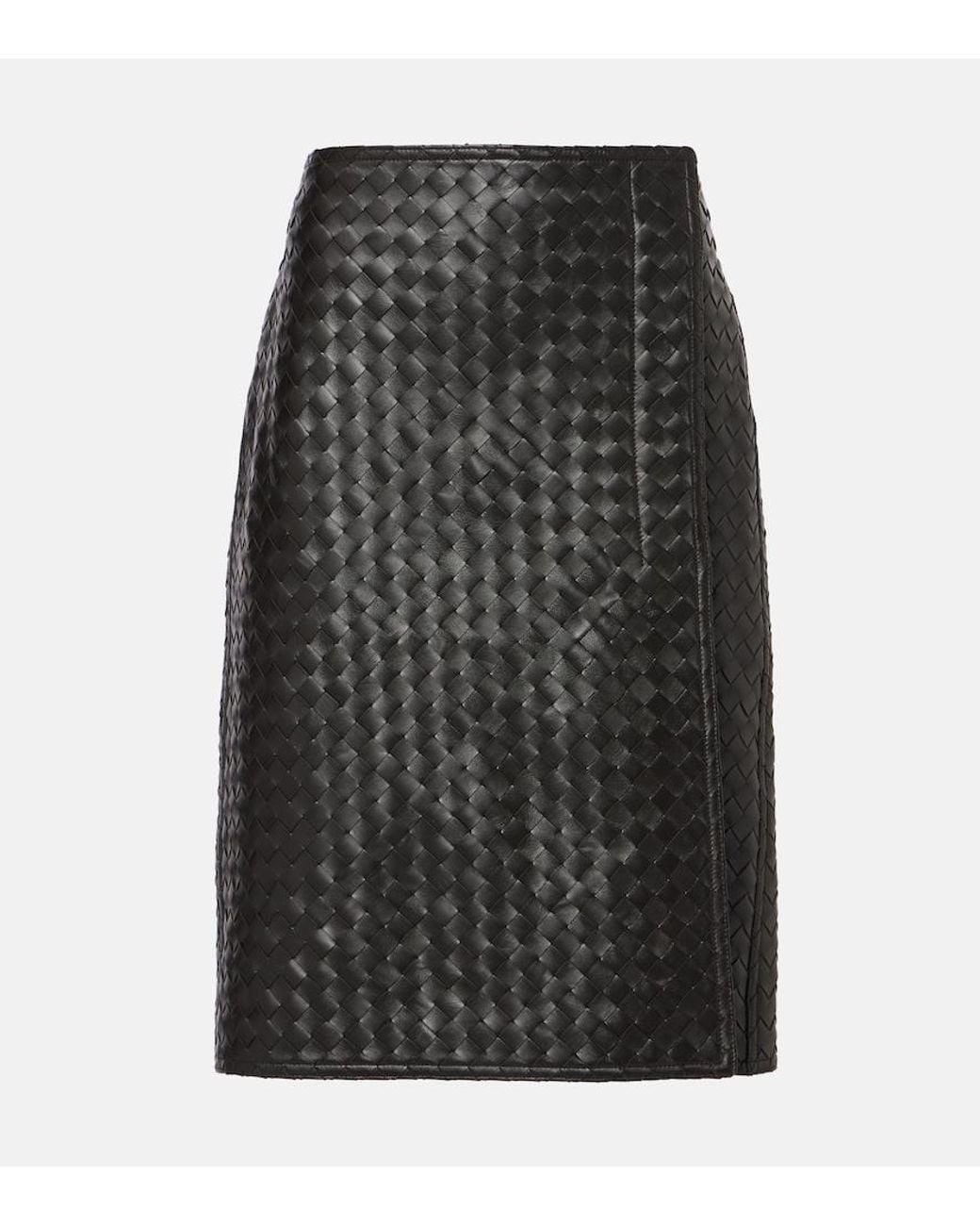 Bottega Veneta Black Intrecciato Leather Midi Skirt