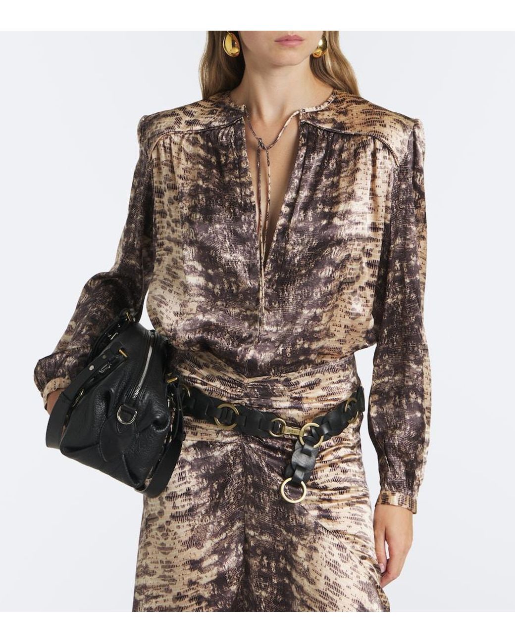 Isabel Marant Brown Laraya Snake-Print Silk Satin Blouse
