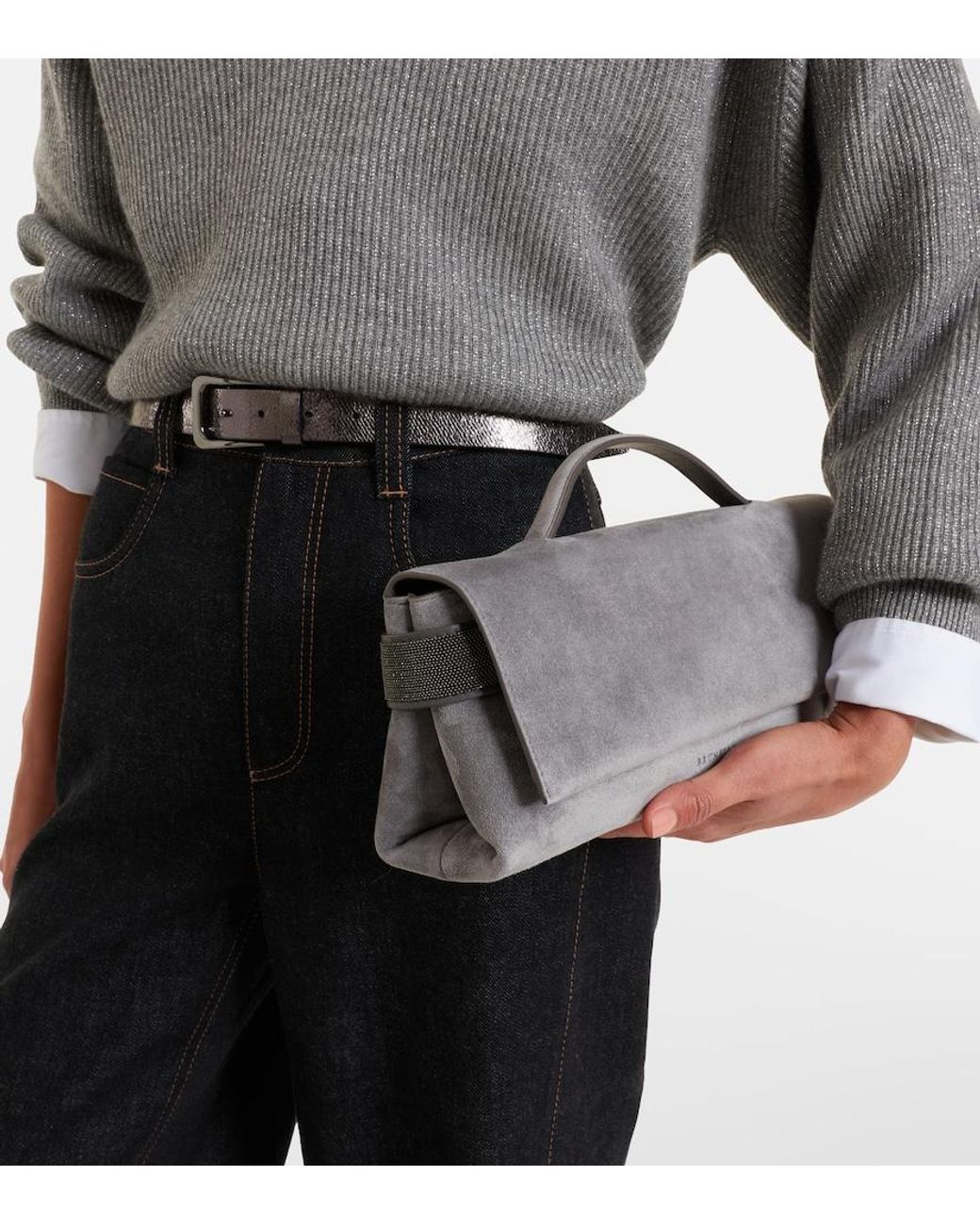 Brunello Cucinelli Gray Monili Small Embellished Suede Top-Handle Bag