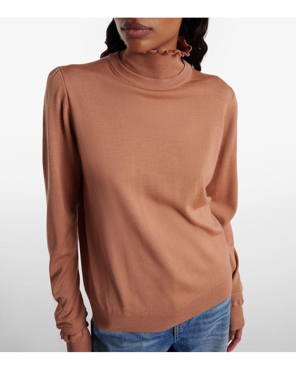 Chloé Brown Ruffled Wool Turtleneck Sweater