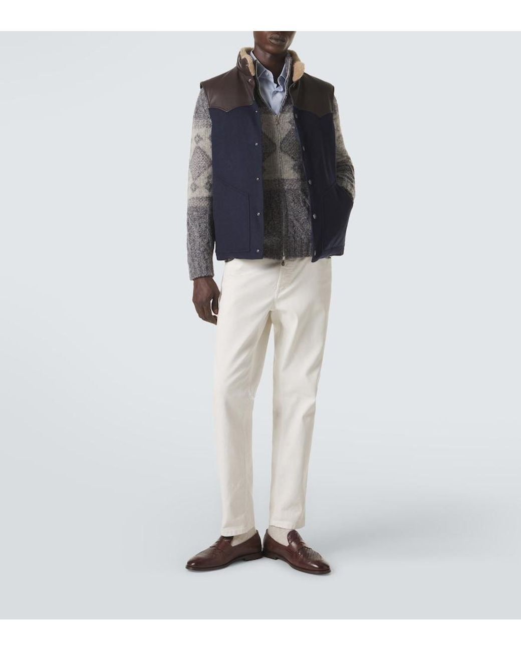 Brunello Cucinelli Blue Shearling-Trimmed Wool Vest for men