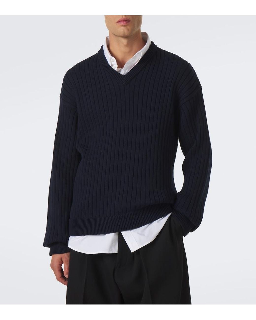 Balenciaga Blue Layered Ribbed-Knit Cotton Sweater for men