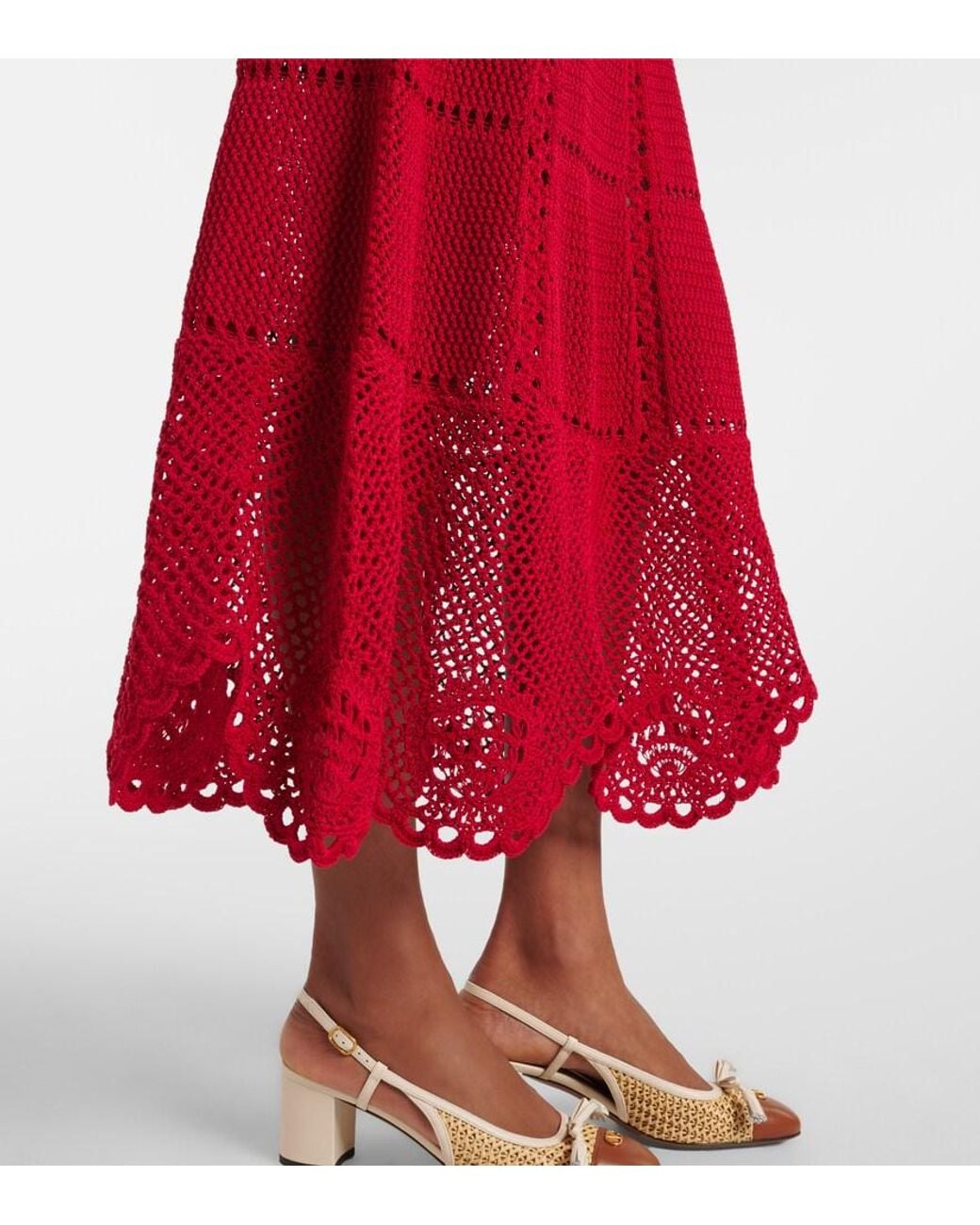 Erdem Red Cotton Crochet Midi Dress