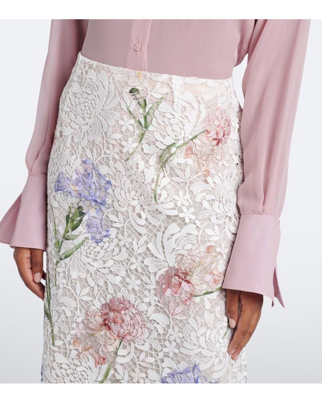 Oscar de la Renta White Floral Guipure Lace Midi Skirt