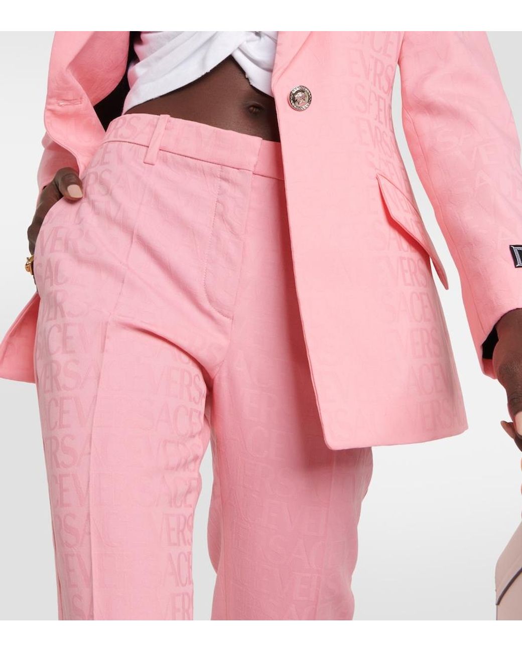 Versace Pink Allover Flared Wool Pants