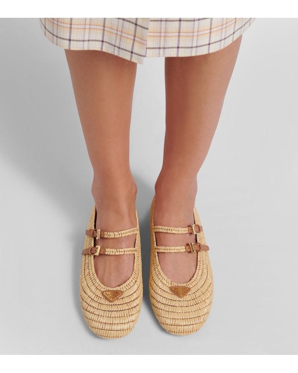 Prada Brown Crochet Raffia-Effect Mary Jane Flats