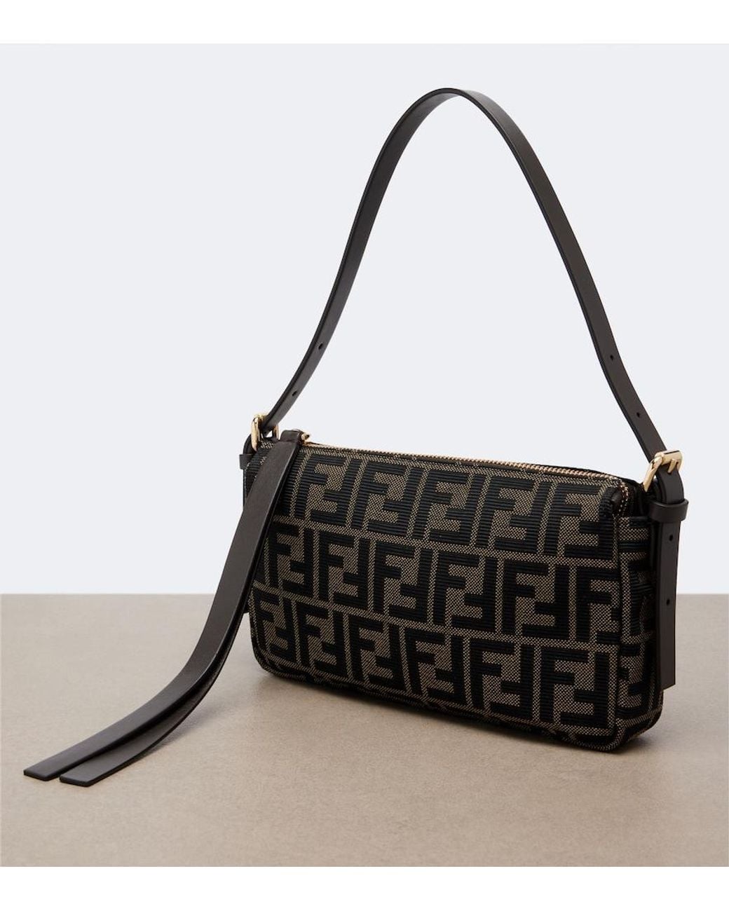 Fendi Black Zip Top Small Ff Jacquard Canvas Shoulder Bag