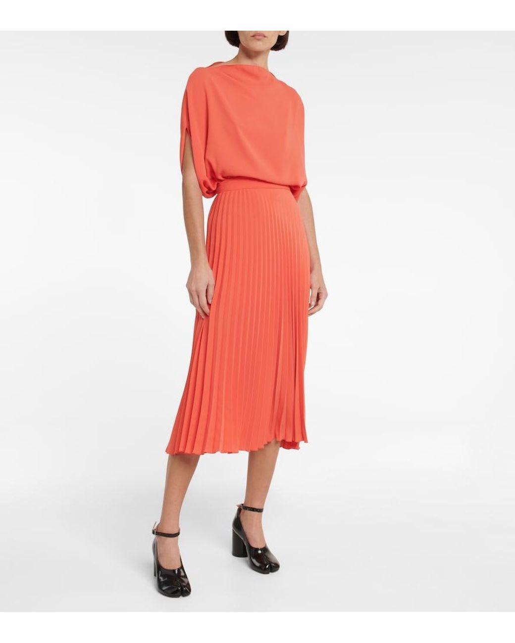 MM6 by Maison Margiela Red Pleated Crepe Midi Skirt