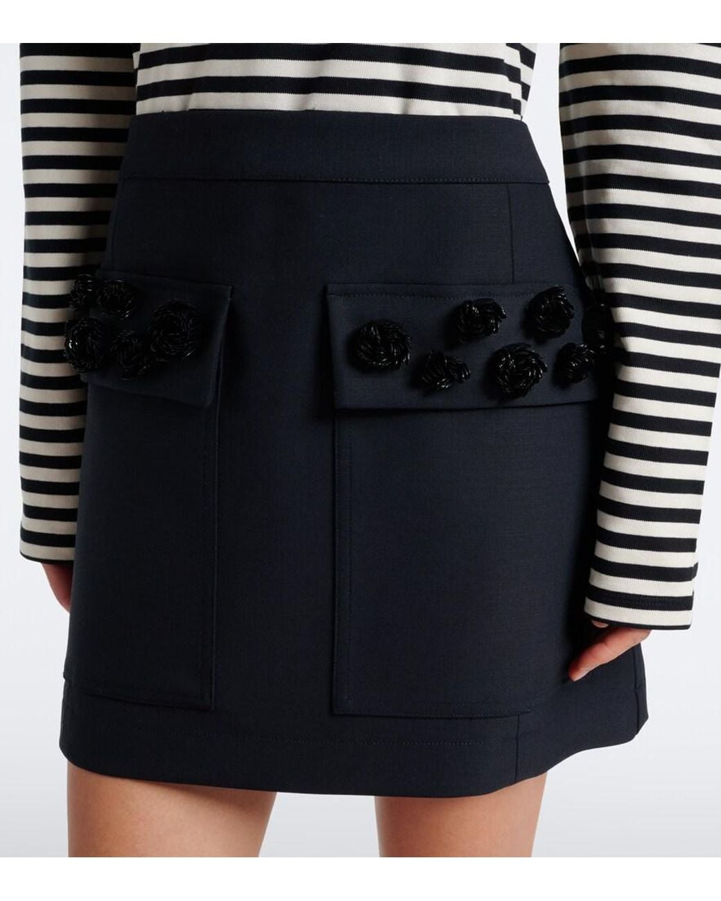 Plan C Black Embellished Wool-Blend Gabardine Miniskirt