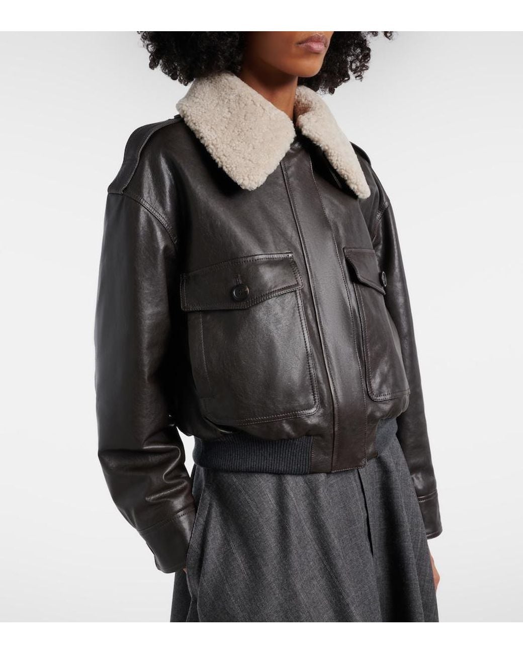 Brunello Cucinelli Black Shearling-Trimmed Leather Bomber Jacket