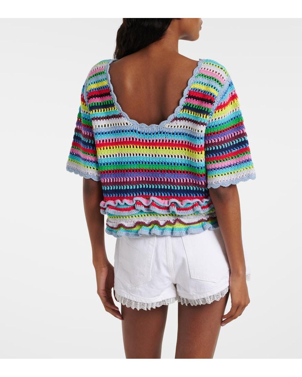 Top De Croche De Algodon A Rayas Ganni de color Blue