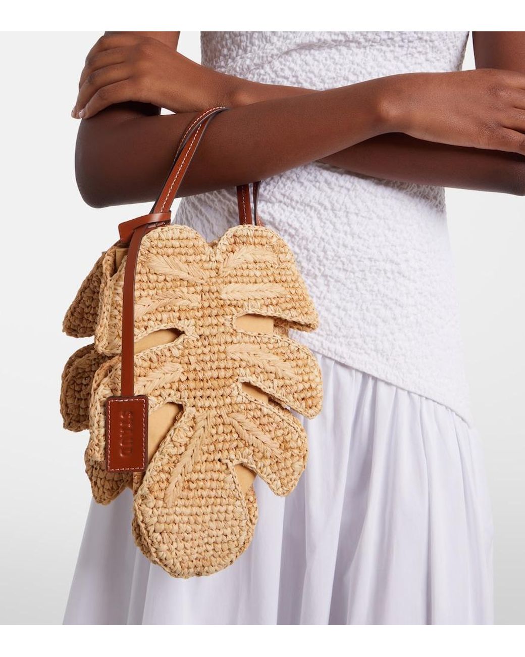 Staud Metallic Palm Leather-Trimmed Raffia Top-Handle Bag