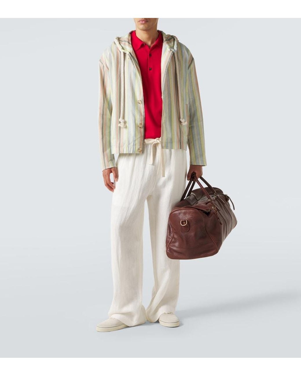 Commas White Striped Hooded Hemp And Cotton Jacket for men