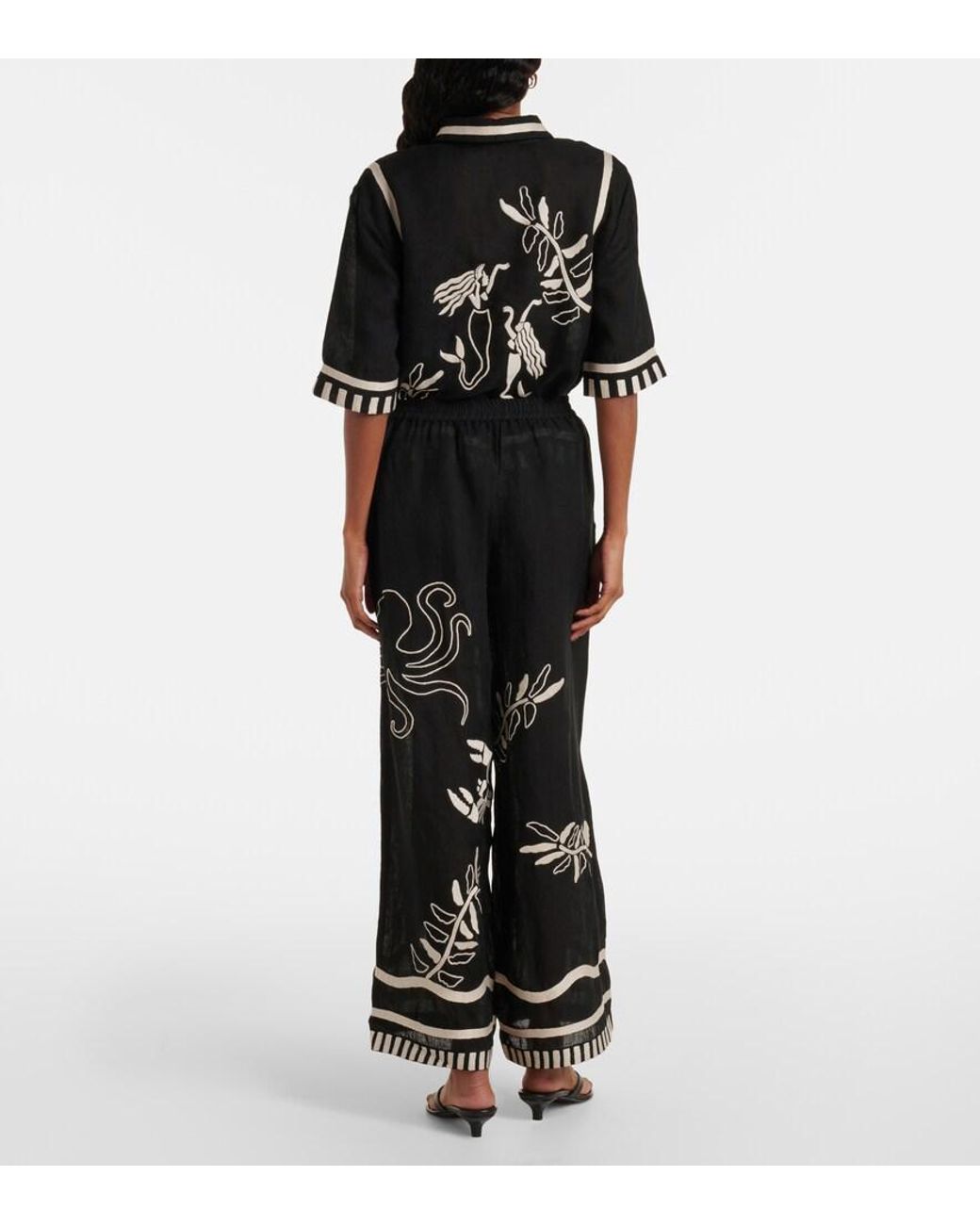 Eres Black Octopus Embroidered Linen Wide-Leg Pants