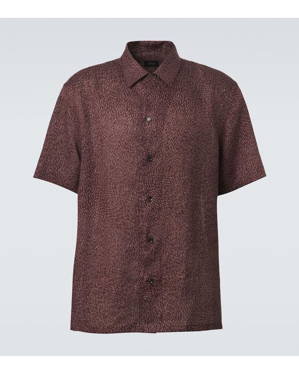 Brioni Brown Printed Linen Bowling Shirt for men