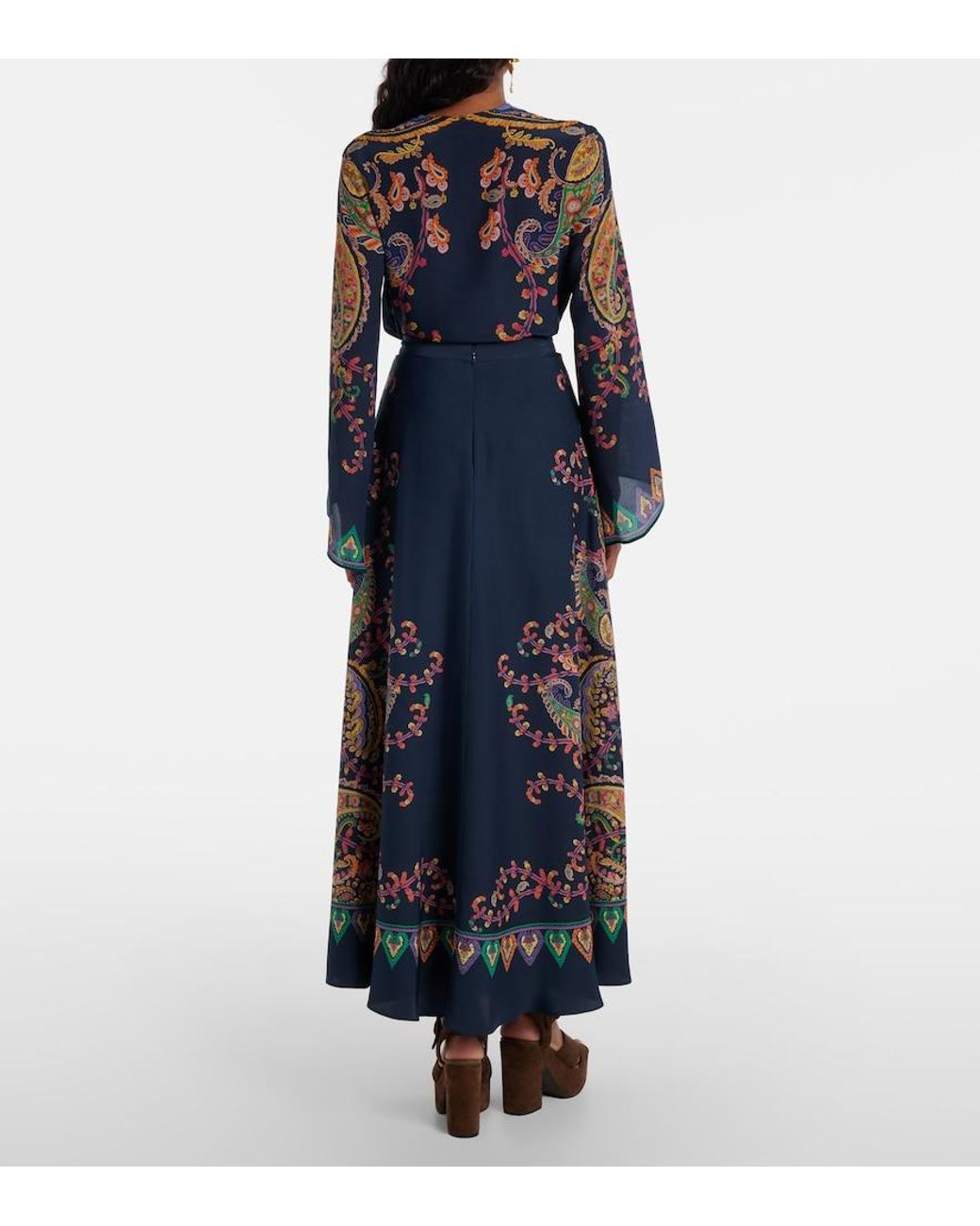 Etro Blue Paisley Printed Silk Maxi Skirt