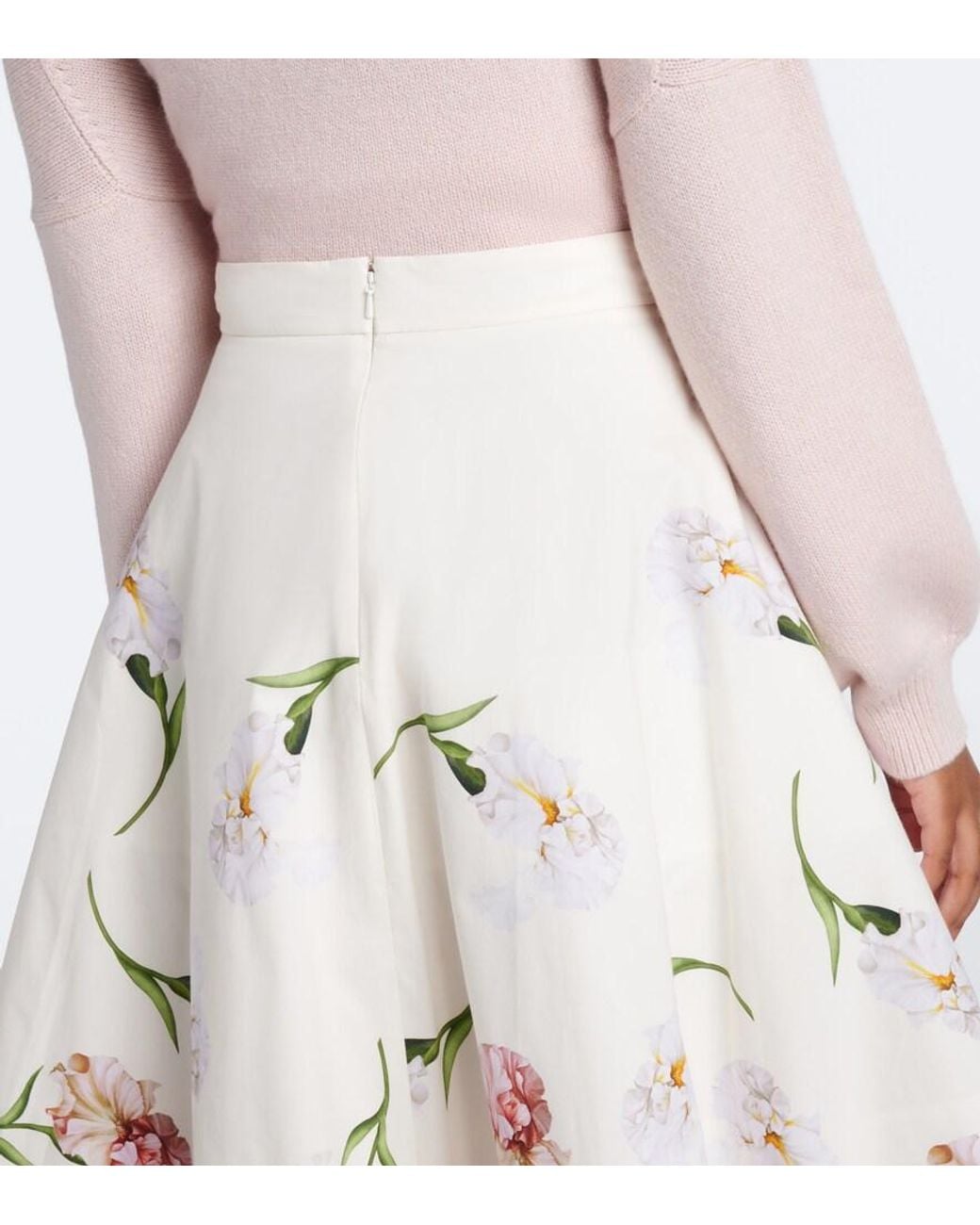 Oscar de la Renta Pink Floral Cotton-Blend Poplin Midi Skirt