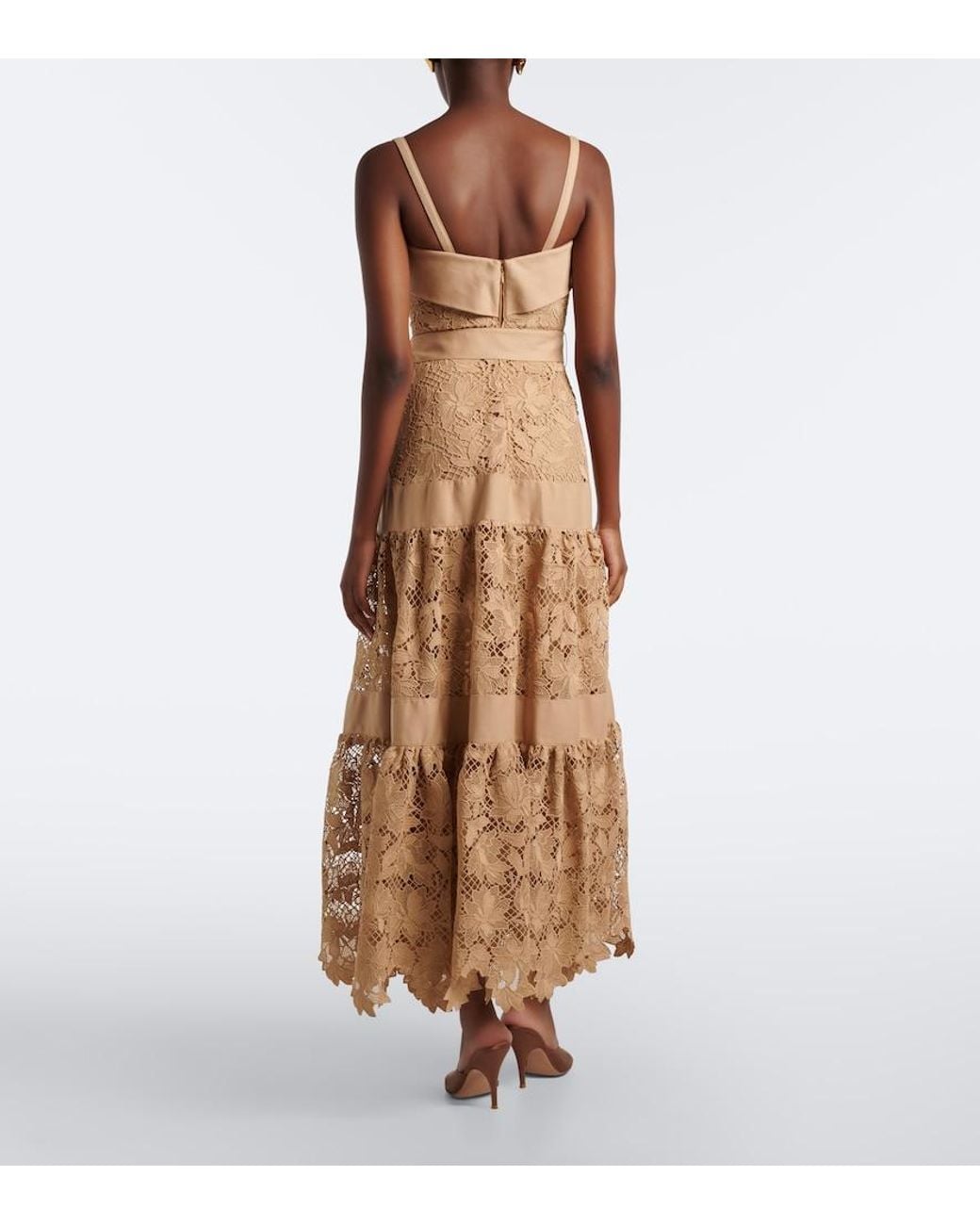 Elie Saab Natural Belted Tiered Guipure Lace Maxi Dress