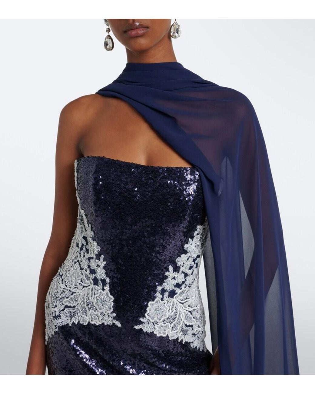 Costarellos Blue Scarf-Detail Sequined Bustier Gown