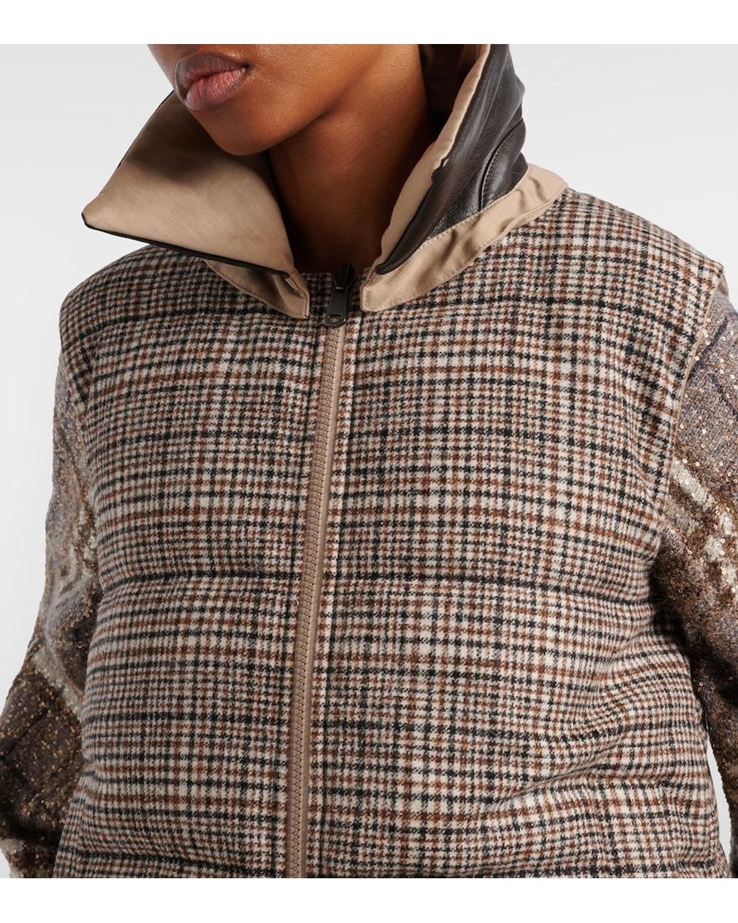 Brunello Cucinelli Brown Checked Leather-Trimmed Down Vest