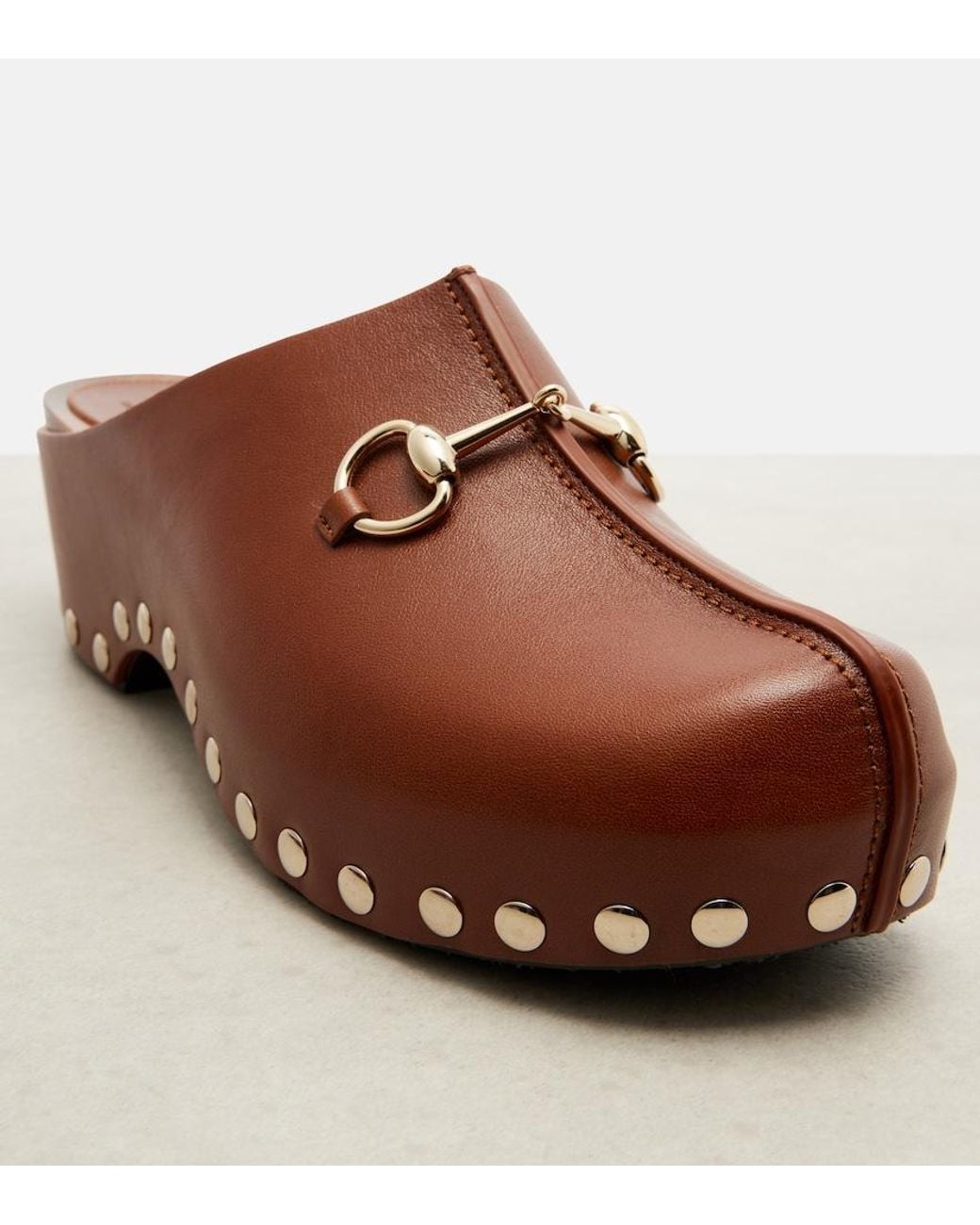 Gucci Brown Horsebit Studded Leather Platform Clogs