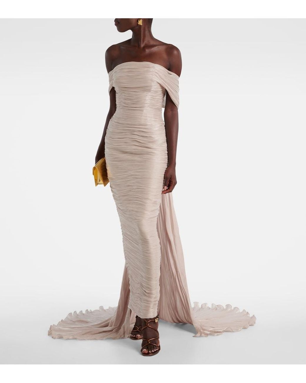 Marmar Halim White Off-Shoulder Pleated Bustier Gown
