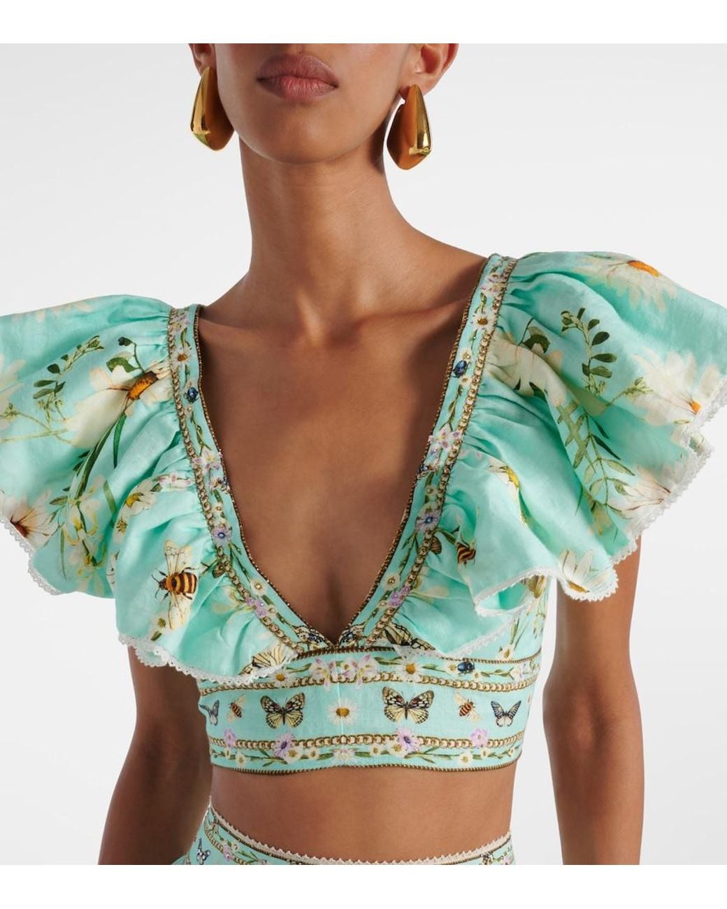 Camilla Green Floral Linen Crop Top