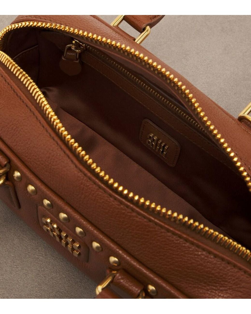 Miu Miu Brown Arcadie Studded Leather Top-Handle Bag