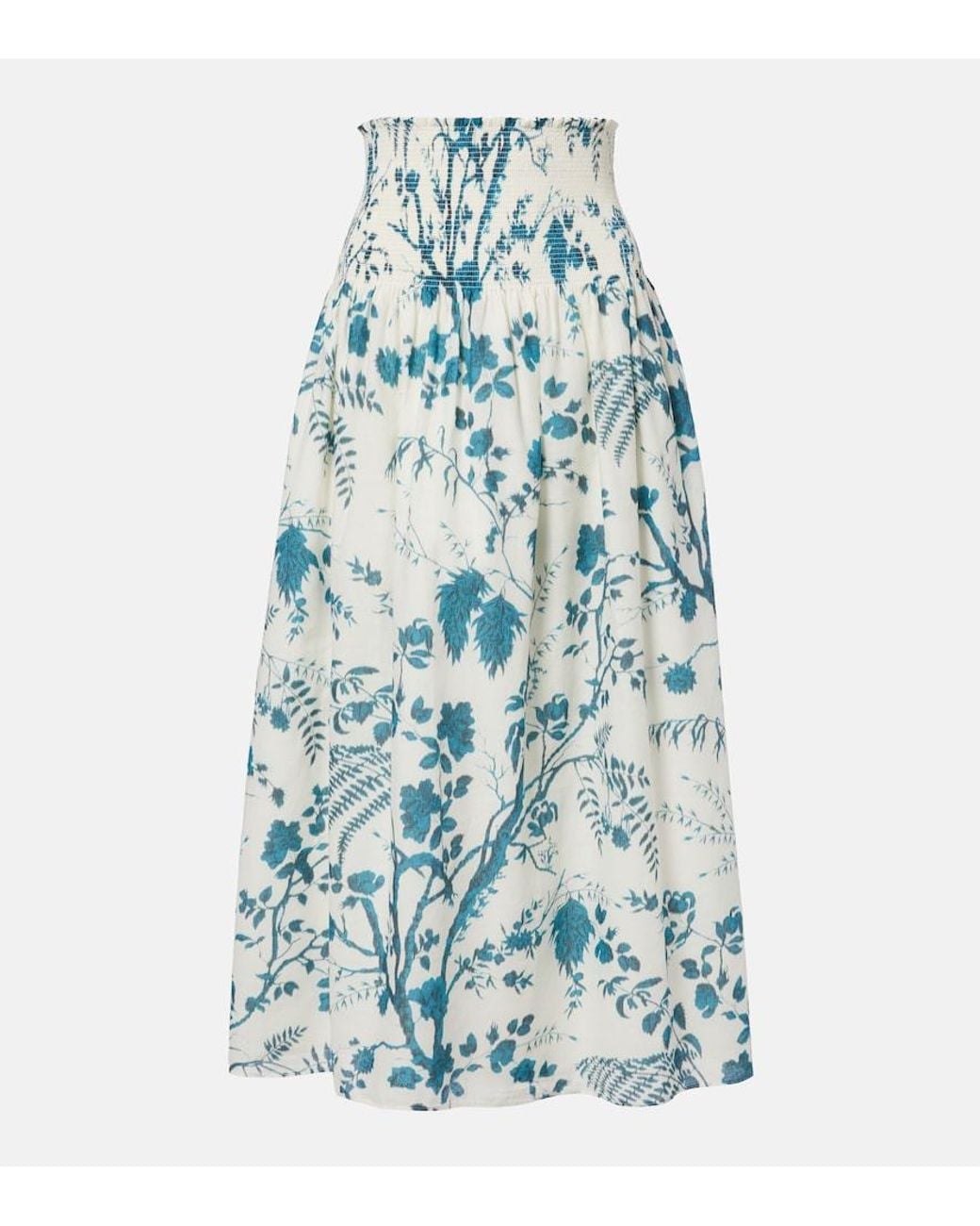 Erdem Blue Floral Cotton And Linen Midi Skirt
