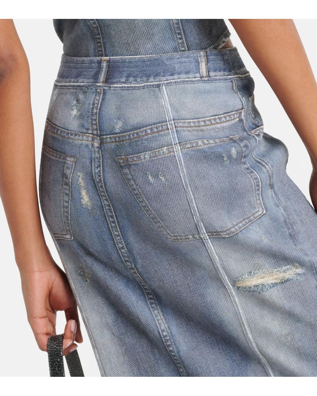 Acne Blue Mid-Rise Printed Denim Midi Skirt