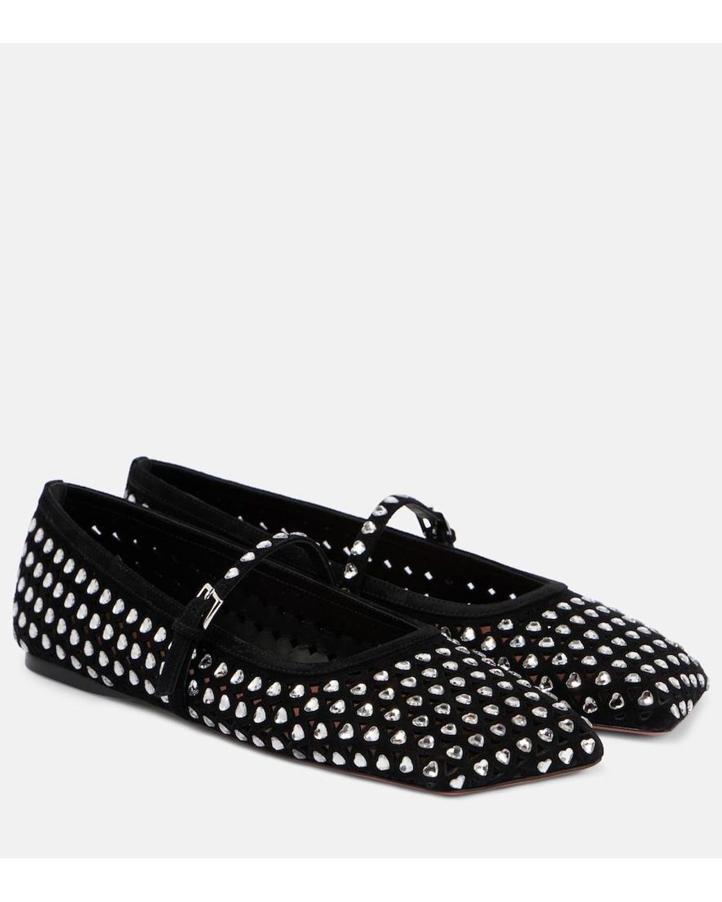 AMINA MUADDI Black Ane Crystal Heart Suede Ballet Flats