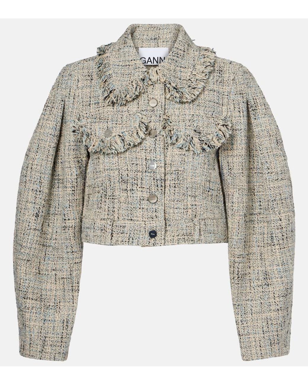 Ganni Blue Cropped Cotton Tweed Jacket